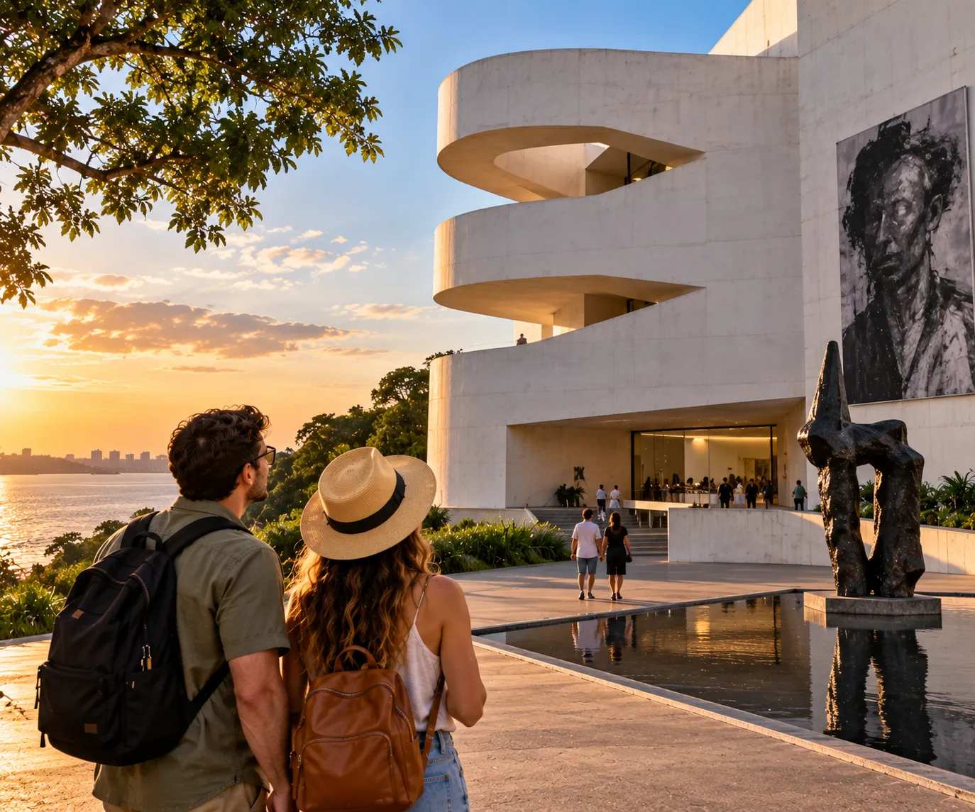 Tourists admire the modern architecture of Fundação Iberê Camargo overlooking the scenic Guaíba waterfront