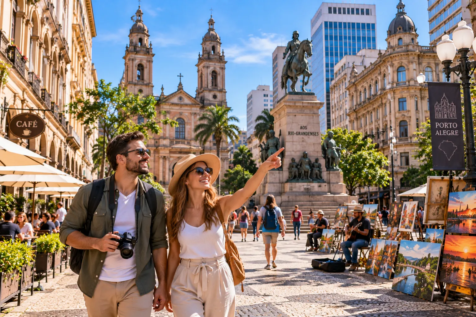 A view of Porto Alegre's historic center with traditional buildings, urban streets, and tourists exploring the area