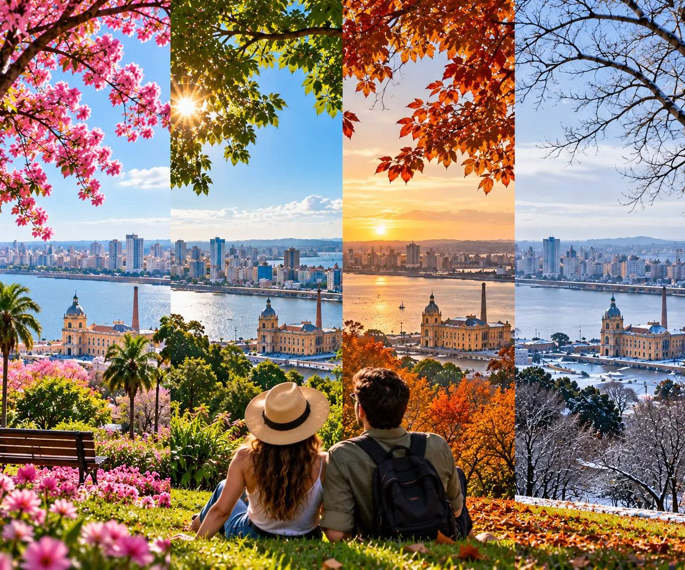 A couple watches the sunset over the Guaíba on a mild afternoon, enjoying one of Porto Alegre's most iconic landscapes