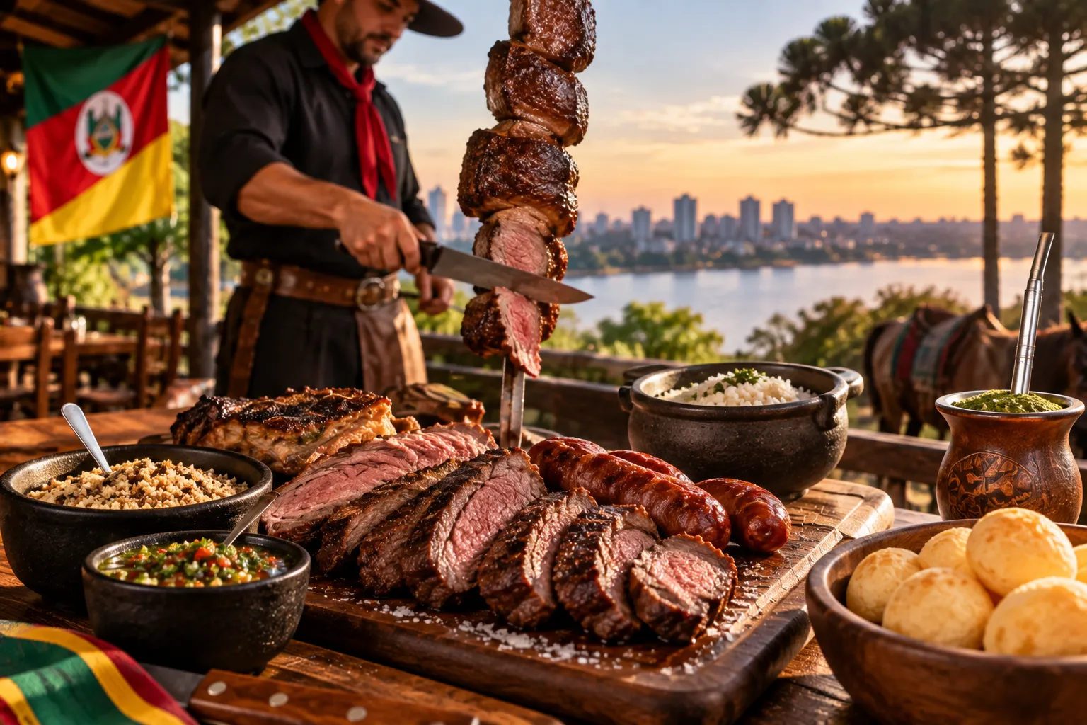 A traditional Brazilian barbecue table filled with grilled meats, salads, regional sides, and rustic details from southern Brazil.