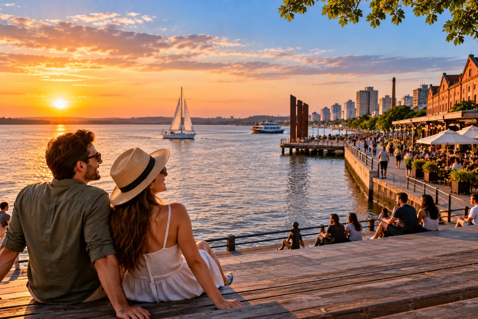 Tourists watching the sunset over the Guaíba from Porto Alegre's waterfront