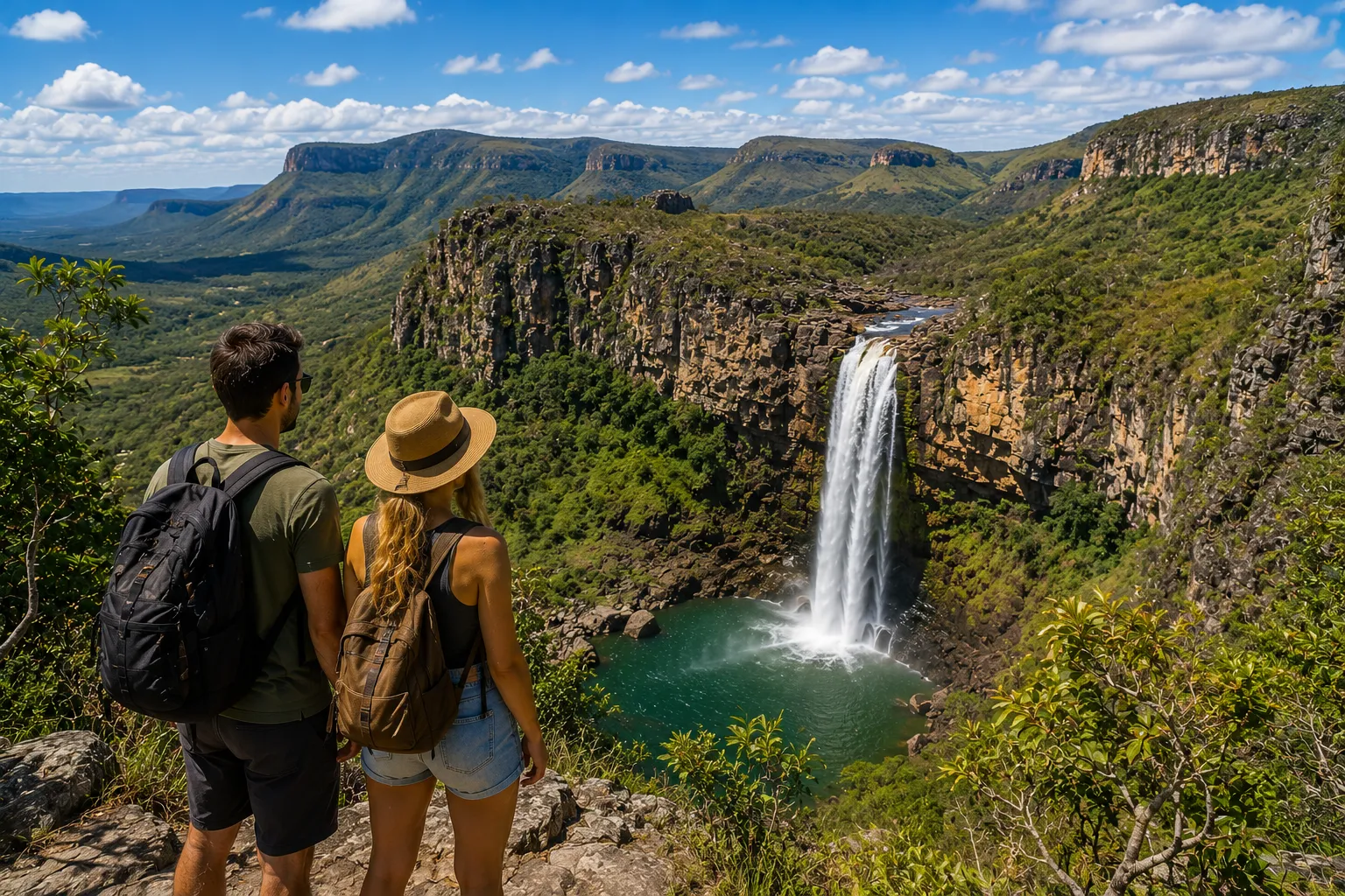 Chapada dos Veadeiros features spectacular waterfalls, canyons, and Cerrado landscapes that feel worlds away from Brasília