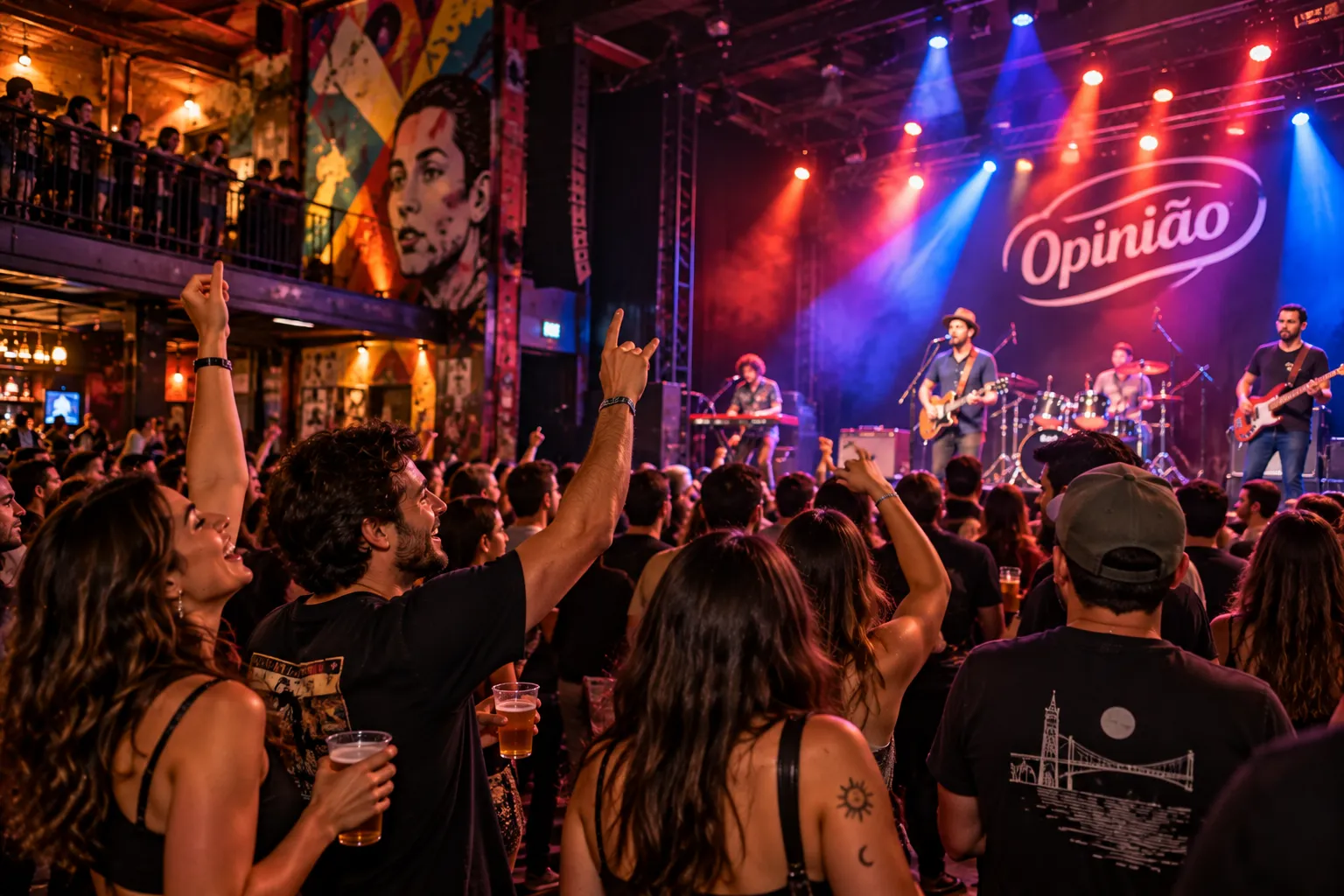 A crowd enjoying a live concert at a Porto Alegre club with colorful lights and an energetic atmosphere