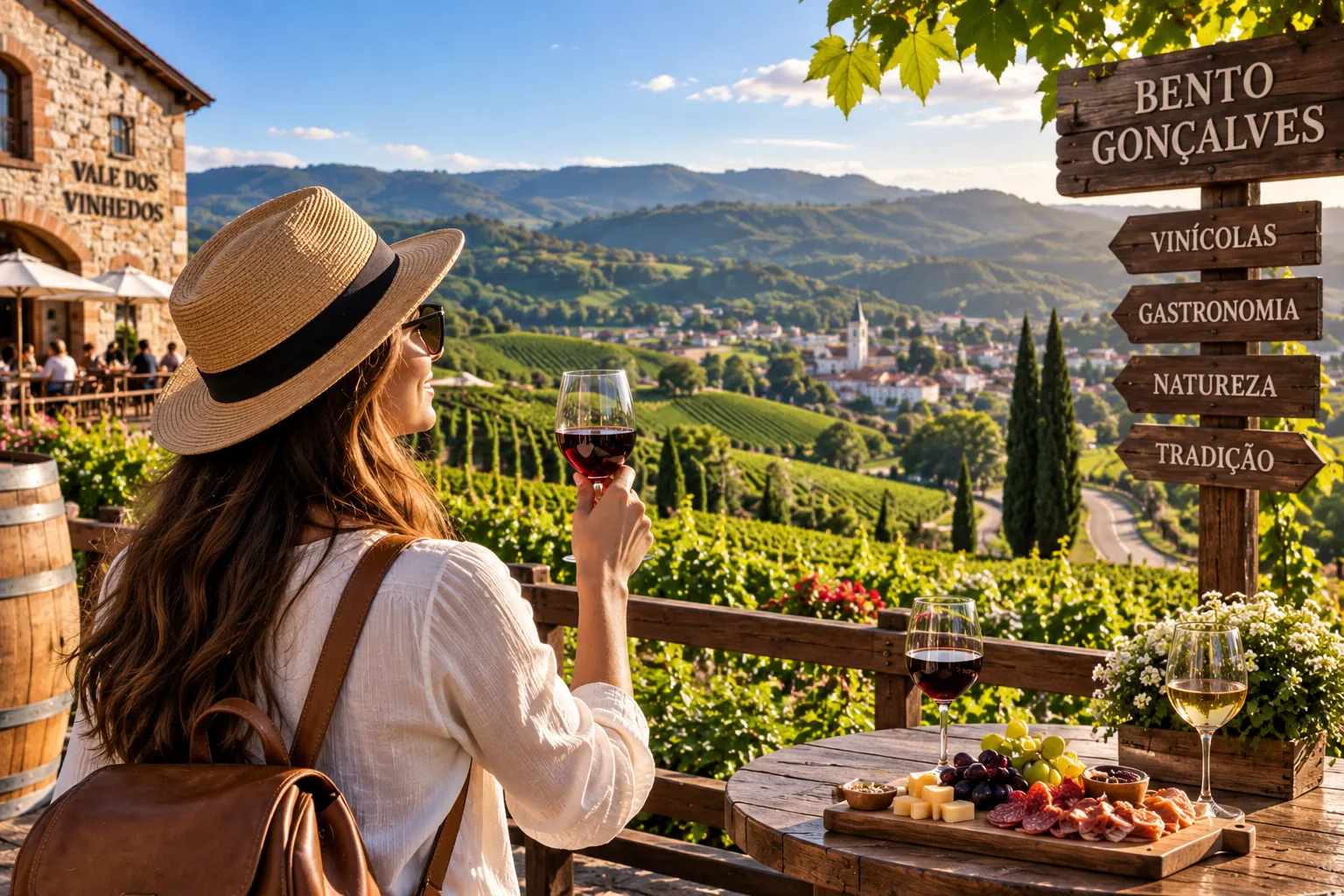 Visitors enjoying wine tasting among vineyards in Vale dos Vinhedos near Bento Gonçalves