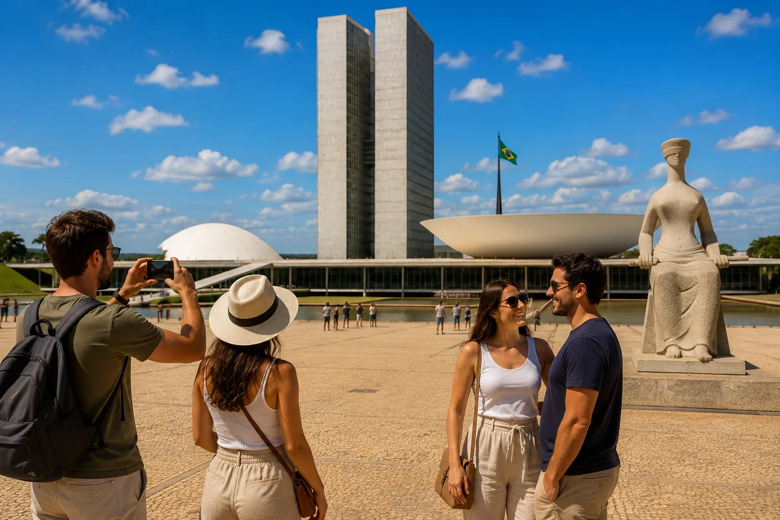 The Three Powers Square showcases Brasília's monumental architecture with the National Congress, Planalto Palace, and Supreme Court