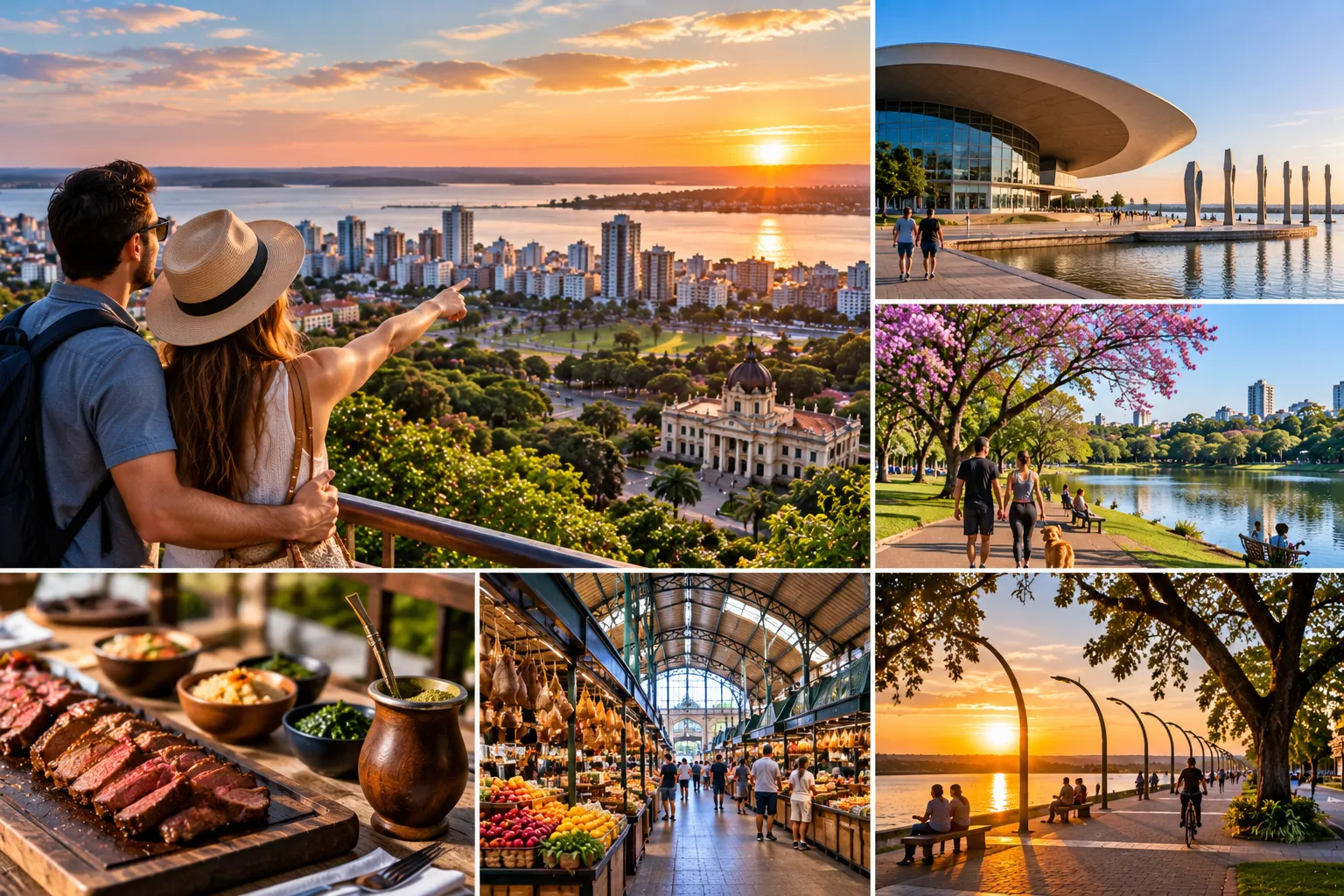 Travelers admiring the Porto Alegre skyline and Guaíba at sunset after exploring the city
