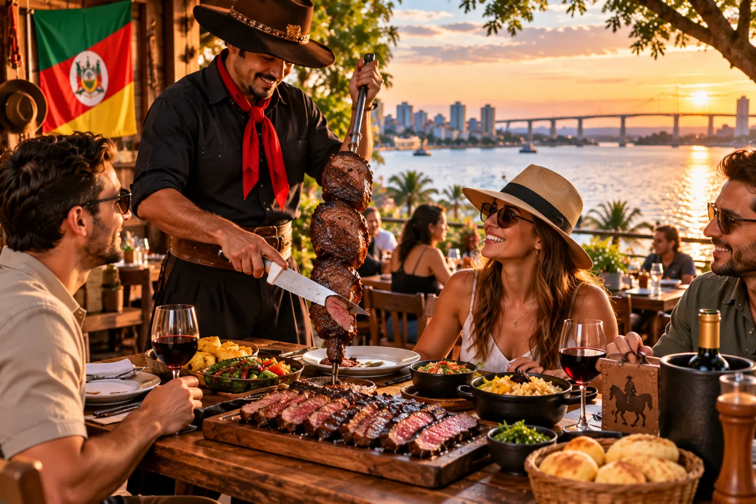 A table featuring gaúcho barbecue, traditional dishes, and regional drinks at a restaurant in Porto Alegre