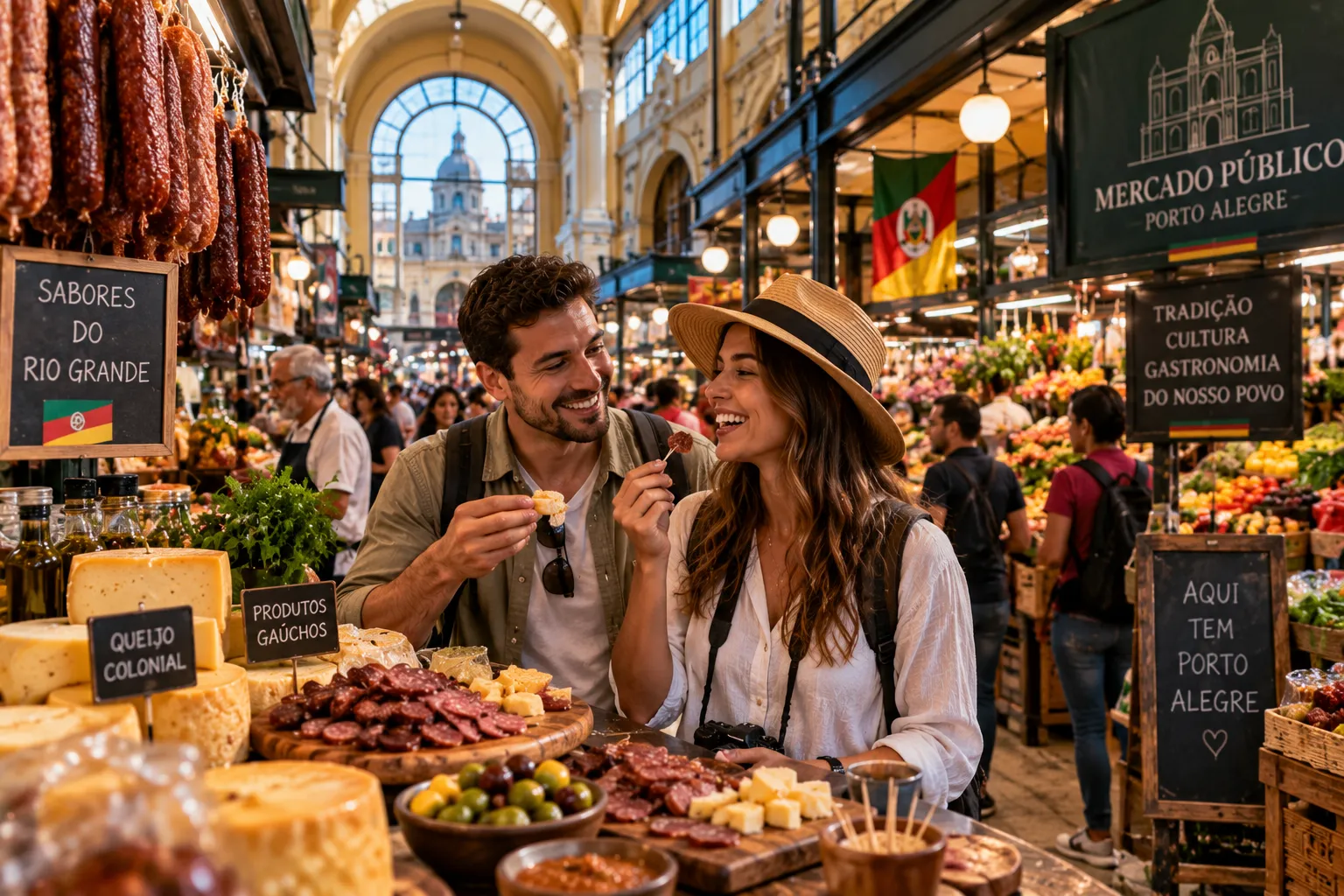 Travelers explore Porto Alegre’s historic public market surrounded by colorful stalls, local ingredients, snacks, and traditional Brazilian products