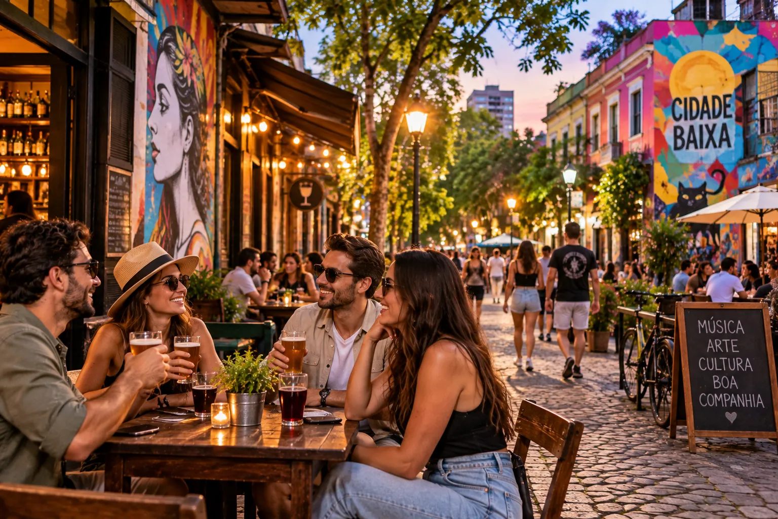 A lively Cidade Baixa street with cafés, restaurants, bars, and people enjoying Porto Alegre's nightlife
