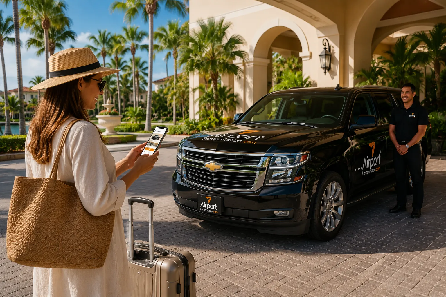 A modern private vehicle waits outside a Palm Beach hotel as travelers prepare to explore Florida