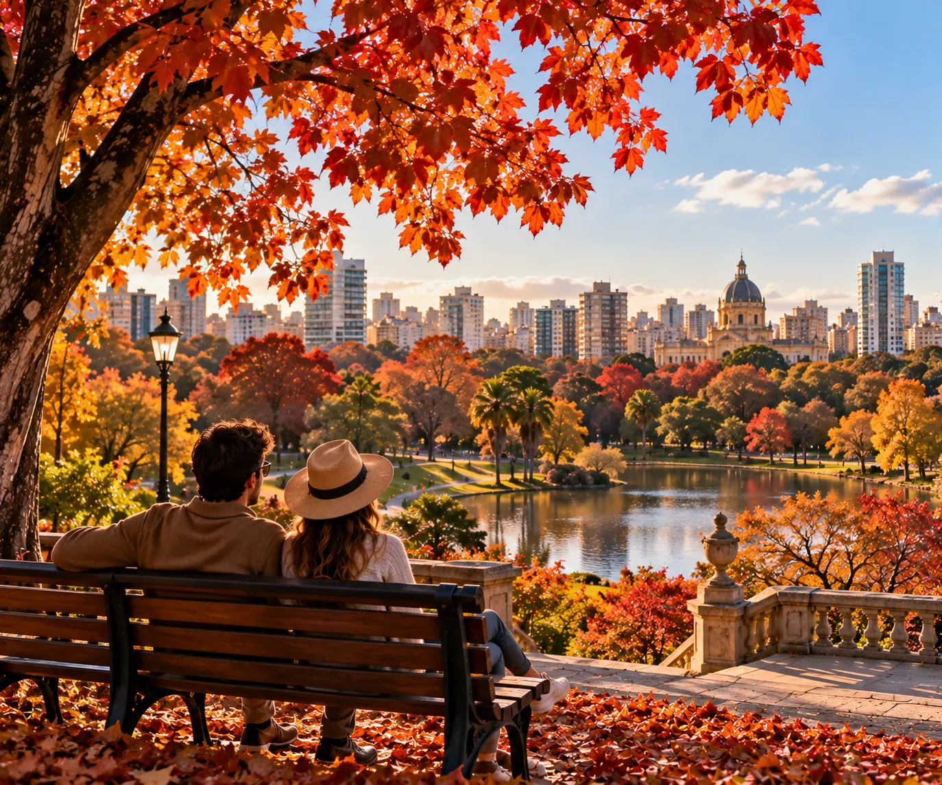 Porto Alegre on a sunny spring afternoon with green trees, city streets, and travelers exploring the destinatio