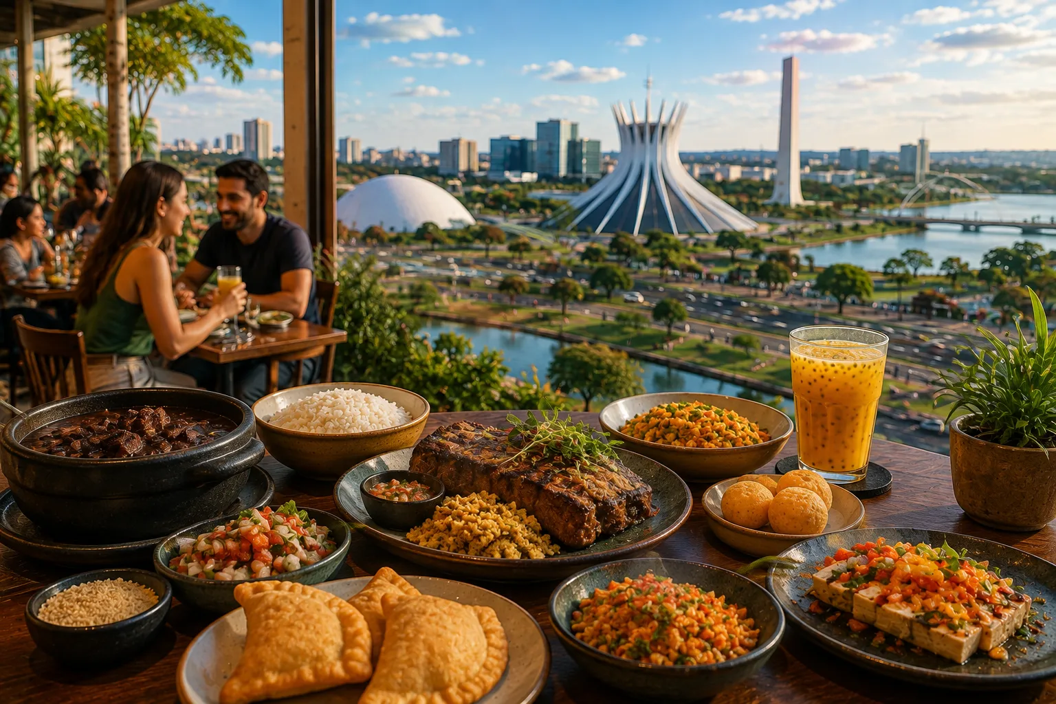 A colorful Brazilian meal featuring Cerrado ingredients and traditional drinks served at a restaurant in Brasília