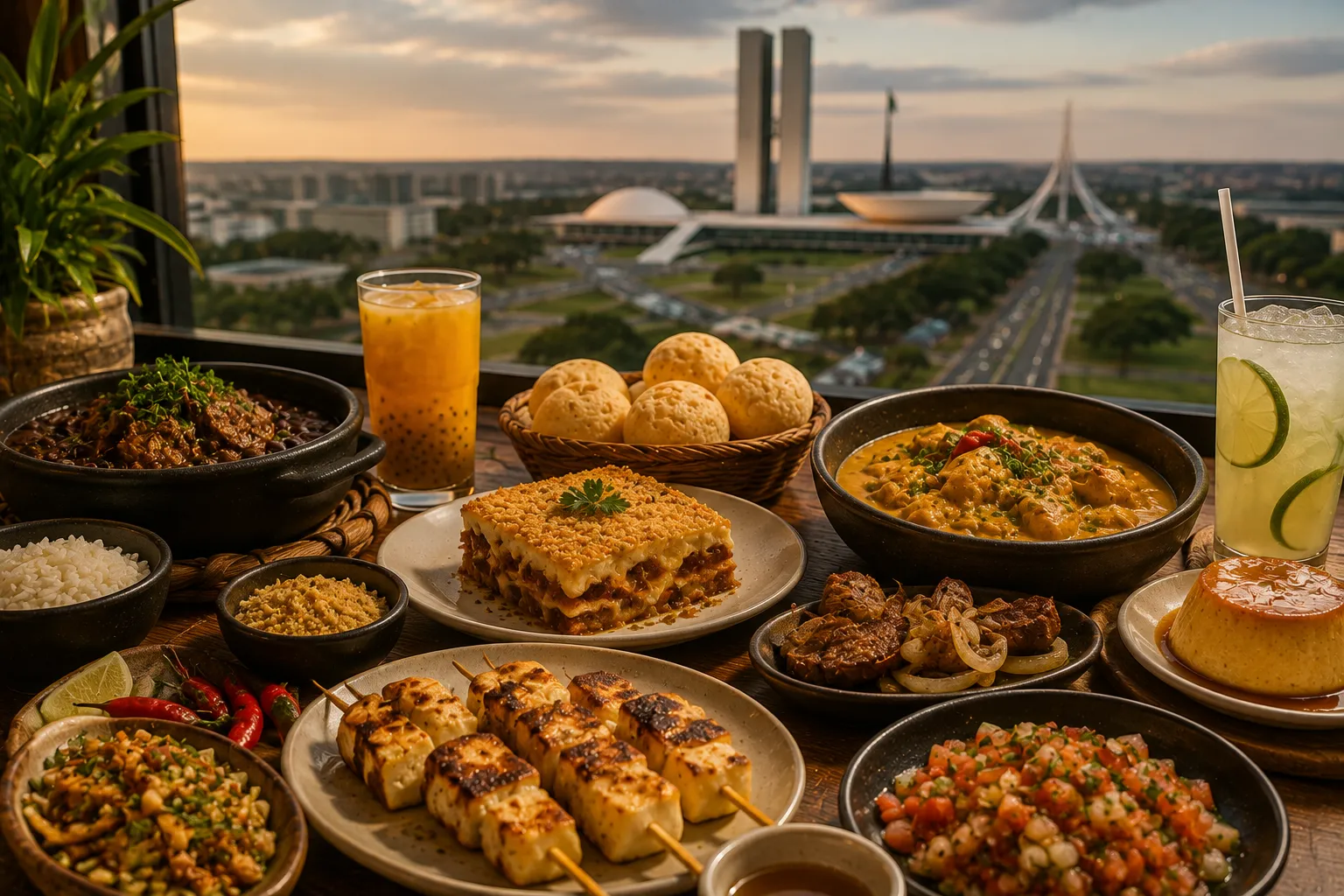 A local Brasília food market filled with Brazilian fruits, sweets, baked goods, and regional products