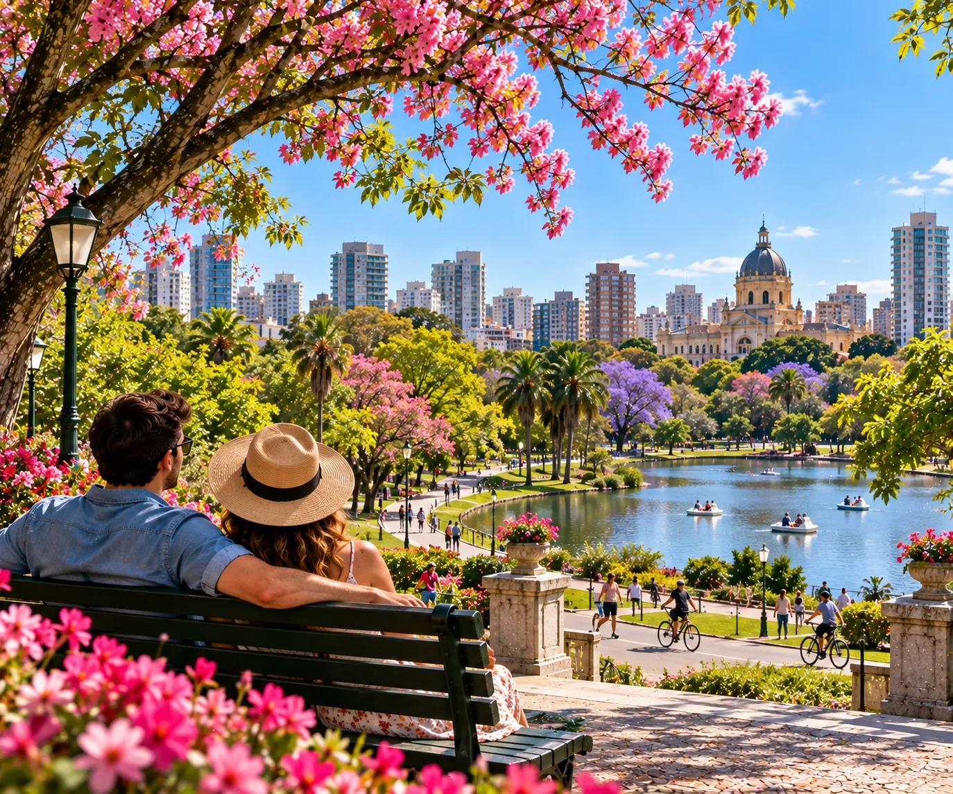 Tourists enjoy a Porto Alegre park in spring as trees, flowers, and gardens bring color to the city