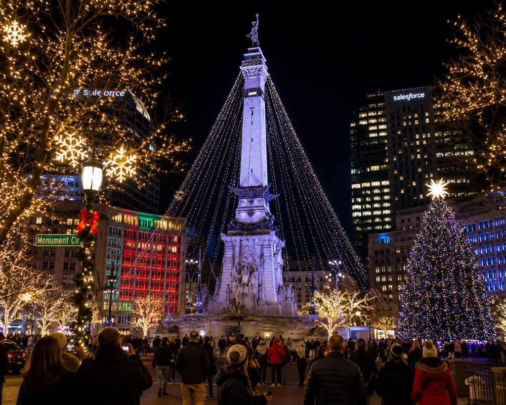 The spectacular holiday light displays on Monument Circle.