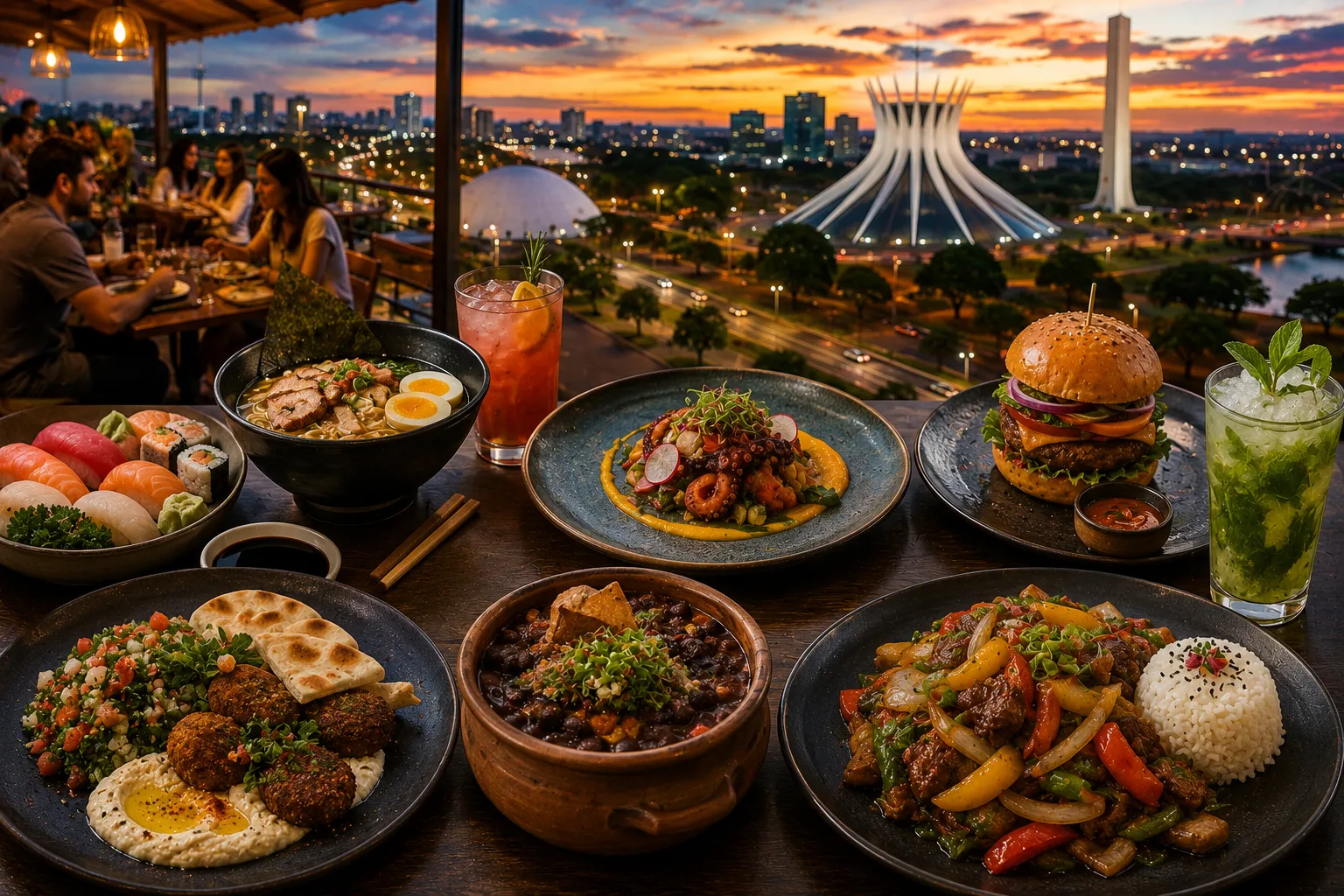 A modern Brasília restaurant serving contemporary dishes and cocktails in an elegant and inviting atmosphere