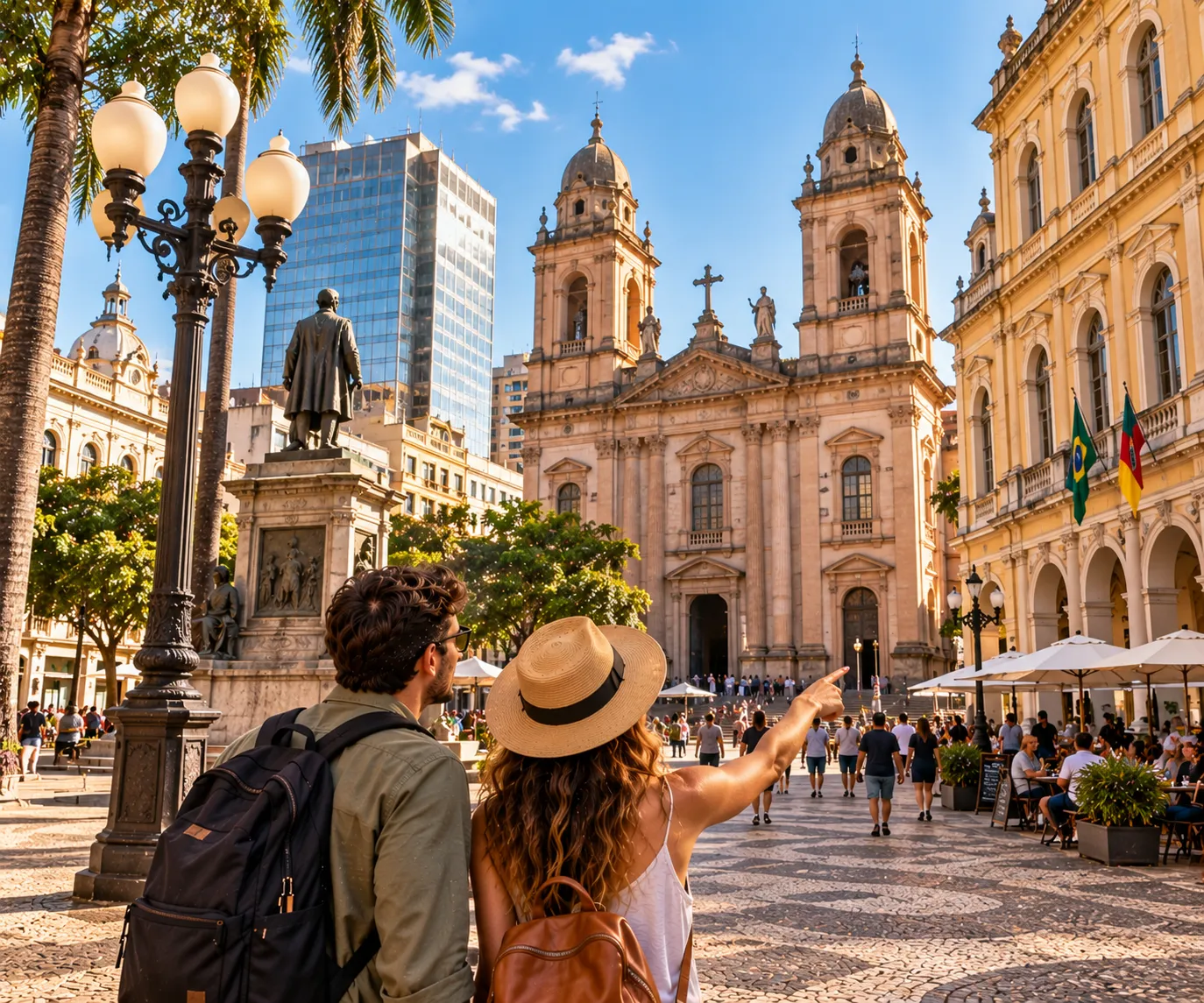 Travelers explore Praça da Matriz surrounded by historic buildings, monuments, and traditional Porto Alegre architecture