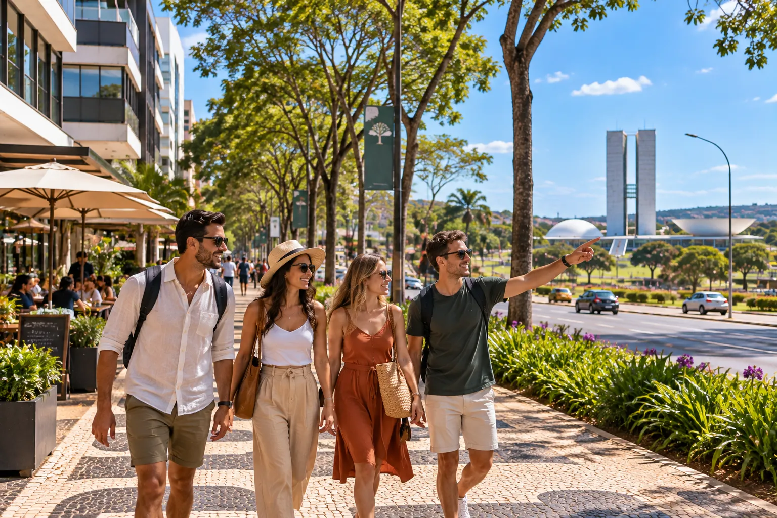 Travelers arriving at a hotel in Asa Sul while enjoying Brasília’s distinctive architecture and wide streets