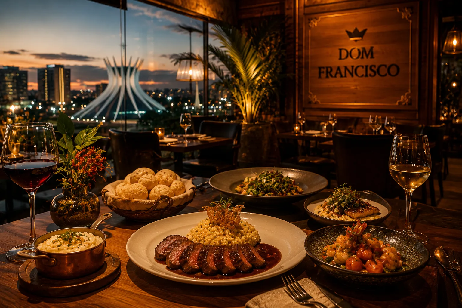 An elegant Brasília restaurant serving beautifully presented Brazilian dishes in a sophisticated and welcoming setting
