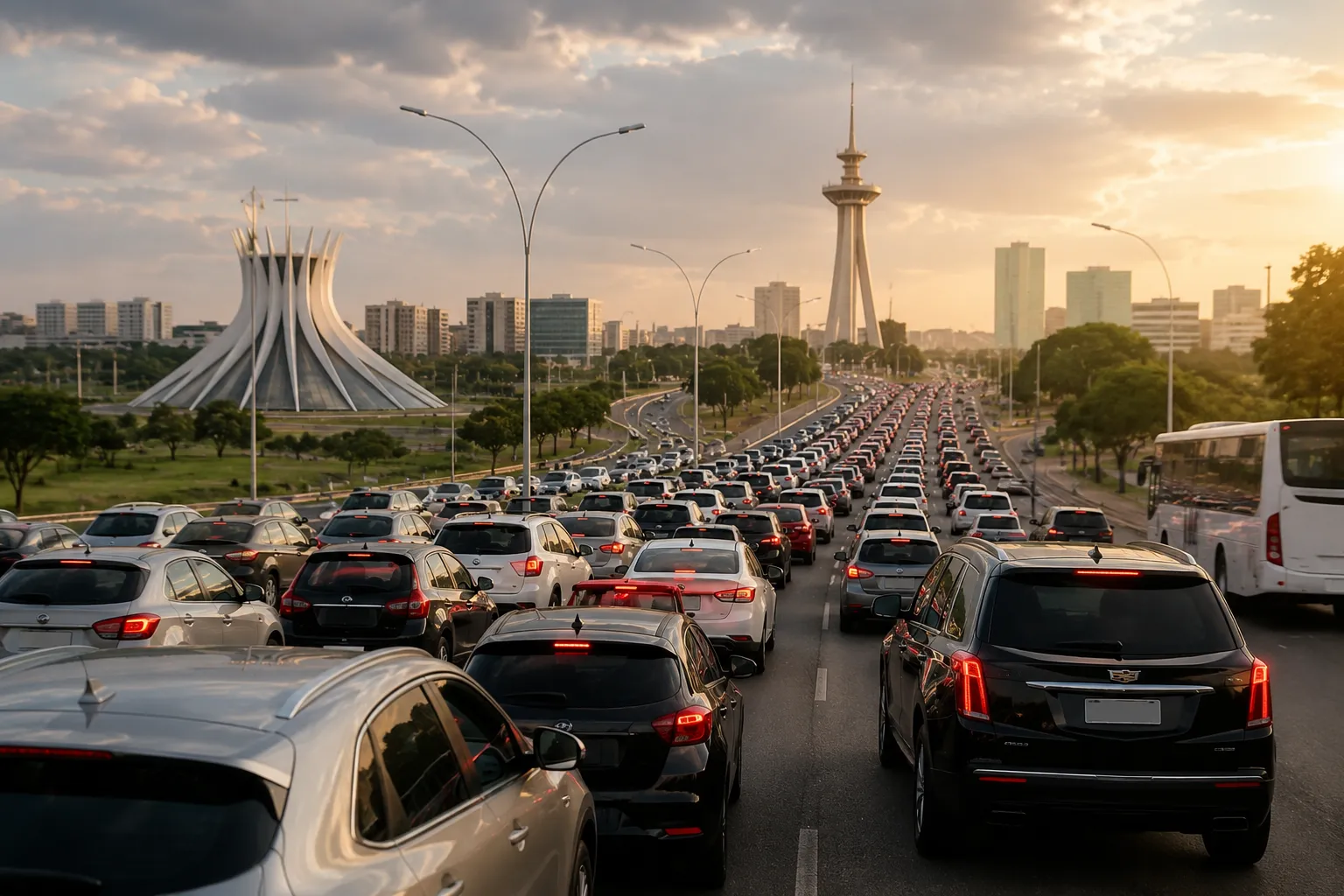 Brasília’s wide avenues showcase the capital’s unique urban design, where traffic can increase during peak commuting hours