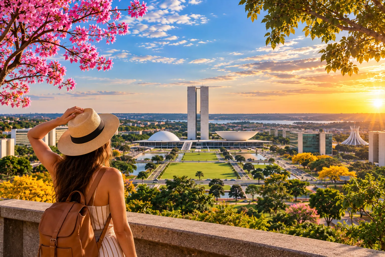 Tourists walking along the Esplanade of Ministries under blue skies during Brasília’s dry season