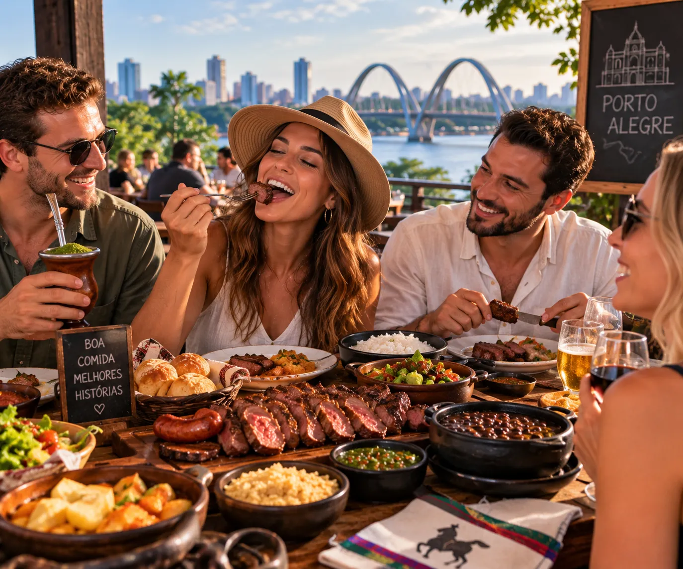 Happy travelers share a delicious meal in Porto Alegre while discovering authentic local flavors and enjoying a relaxed Brazilian atmosphere