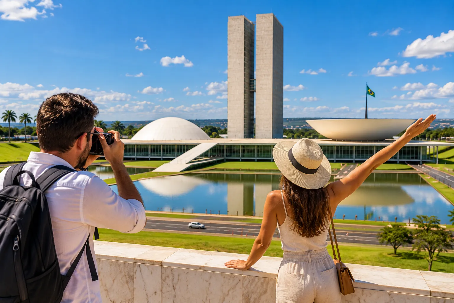 Brasília's National Congress rises above the Esplanade with its iconic domes and twin towers against a bright Brazilian sky