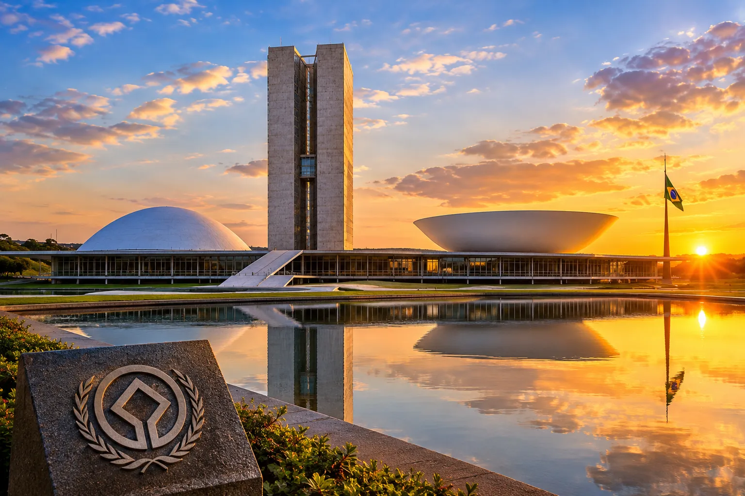 Panoramic view of Brasília featuring modernist buildings, green spaces, and the distinctive skyline of Brazil’s capital