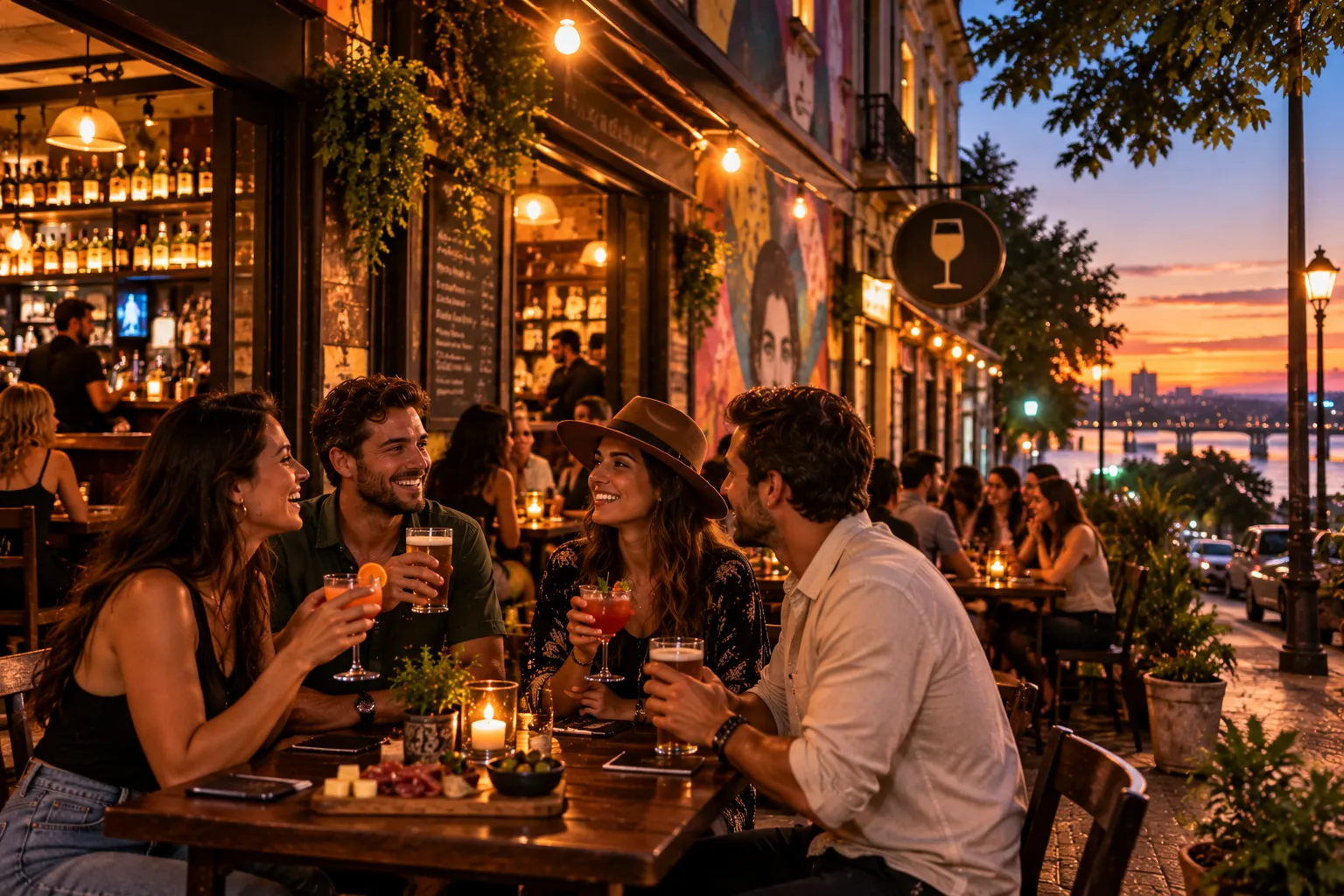 Friends sharing cocktails and beer at a cozy Porto Alegre bar during a lively evening