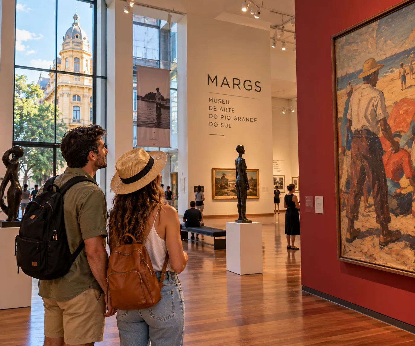 Visitors admire Brazilian artwork inside MARGS while exploring elegant exhibition rooms in Porto Alegre