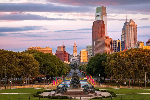 Sunset from Rocky Steps, City Hall, Fountain, Philadelphia, Pennsylvania, America