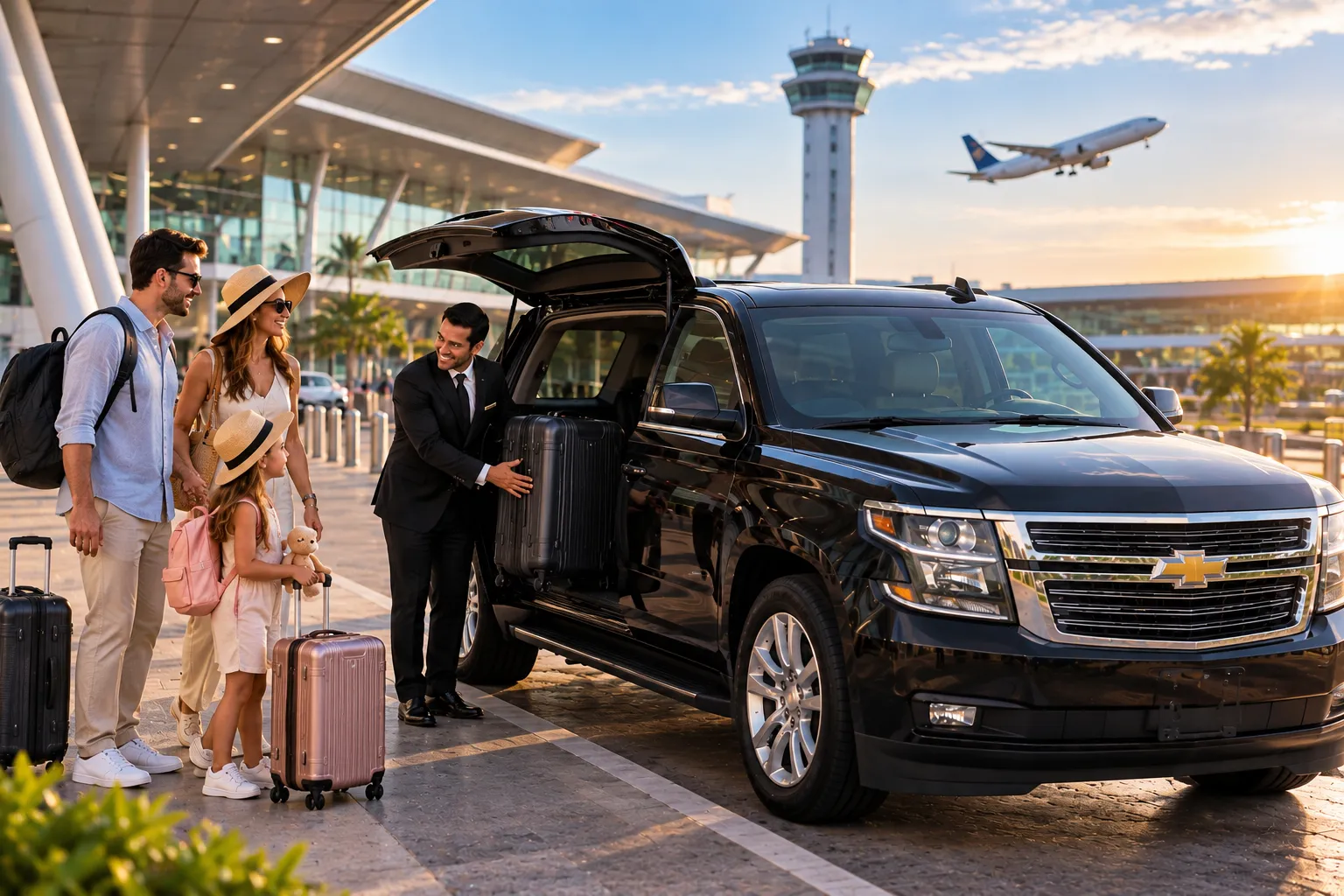 Family and friends getting comfortable inside a spacious private van with room for passengers and luggage