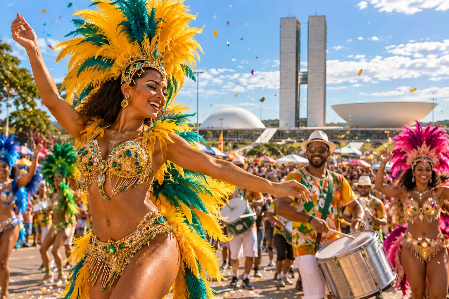 Brasília in summer, with tropical skies, lush vegetation, and travelers enjoying a warm afternoon near Lake Paranoá