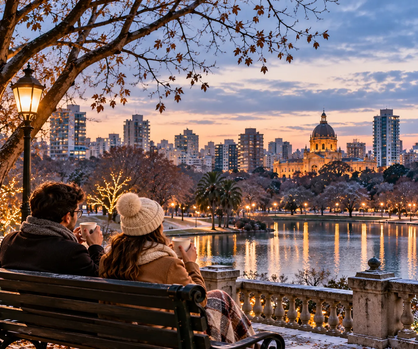Visitors enjoy a chilly afternoon in Porto Alegre wearing warm clothes, surrounded by cafés and historic architecture