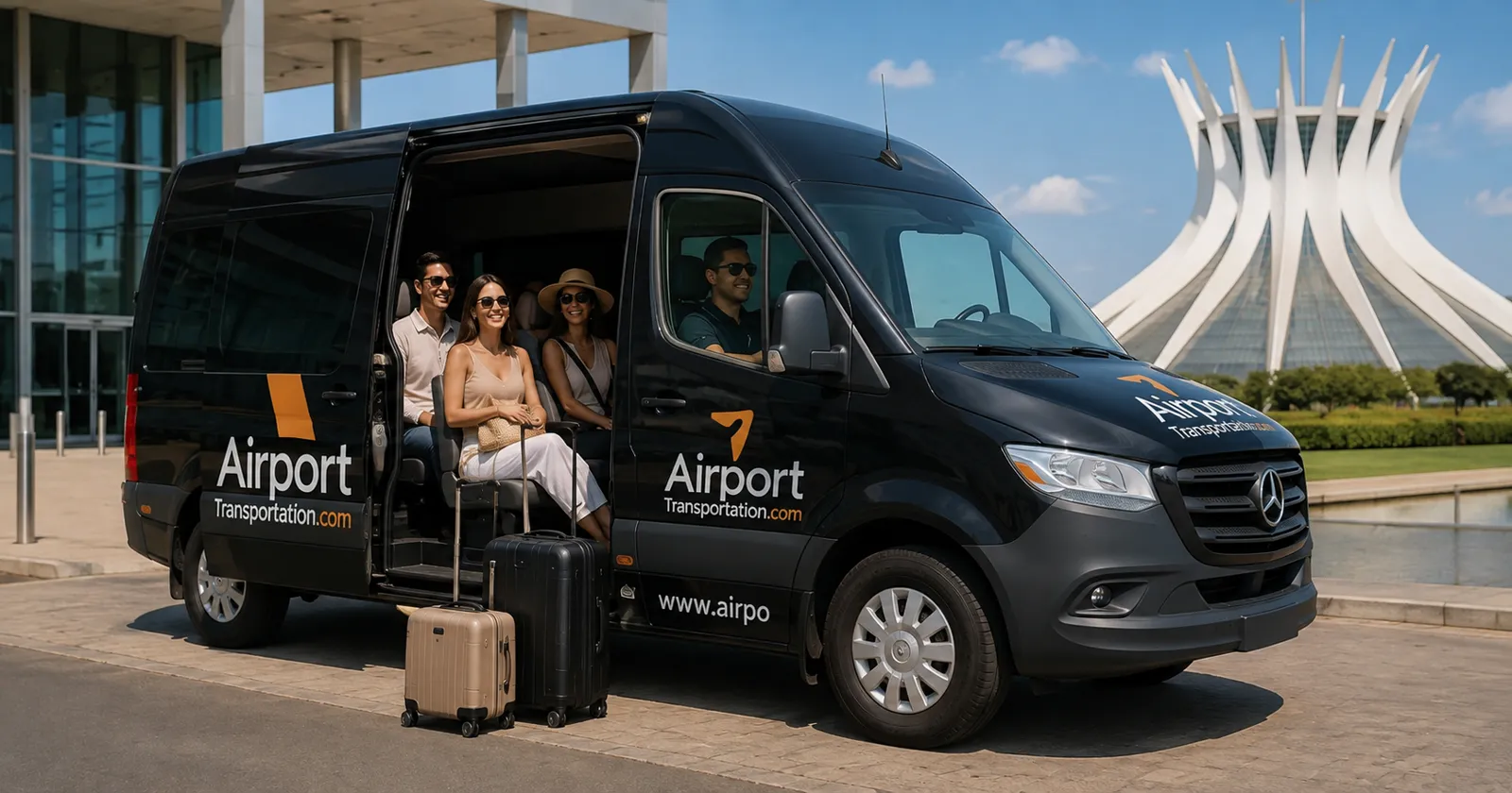 A traveler arrives in Brasília with luggage and boards a private vehicle for a comfortable transfer to the hotel
