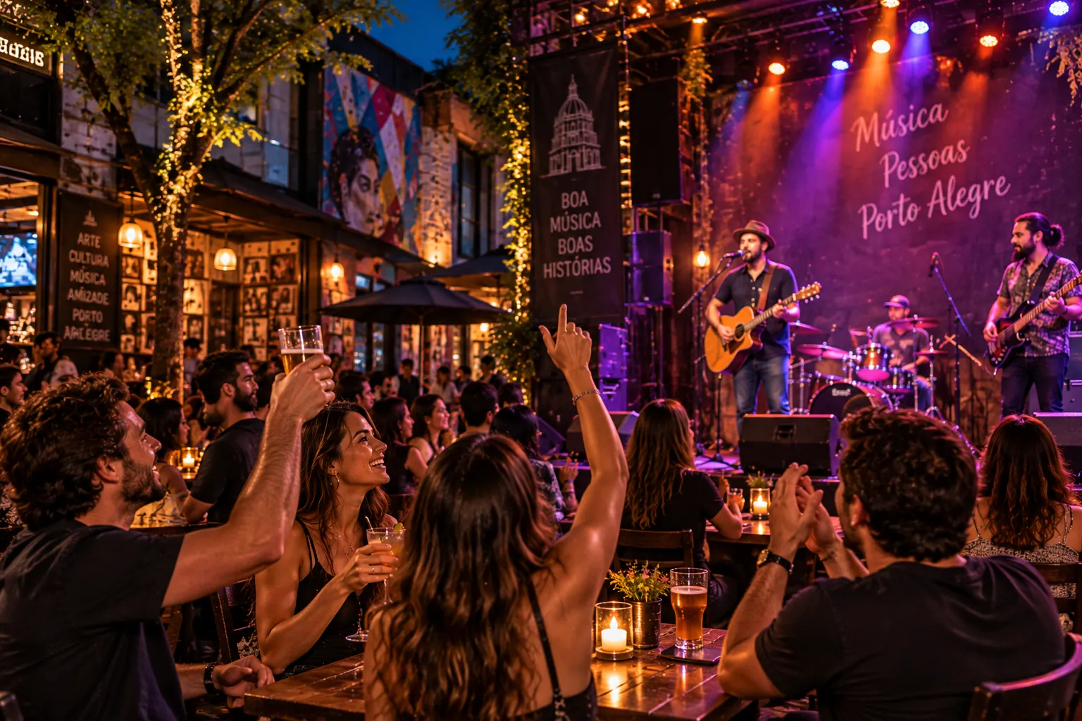 A live band performing for an energetic crowd while visitors enjoy music and drinks in Porto Alegre