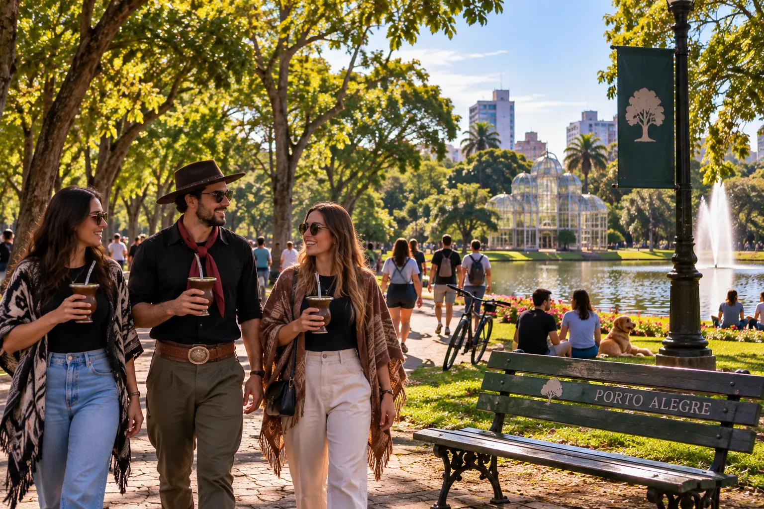 People walking and drinking chimarrão in a green Porto Alegre park on a peaceful afternoon