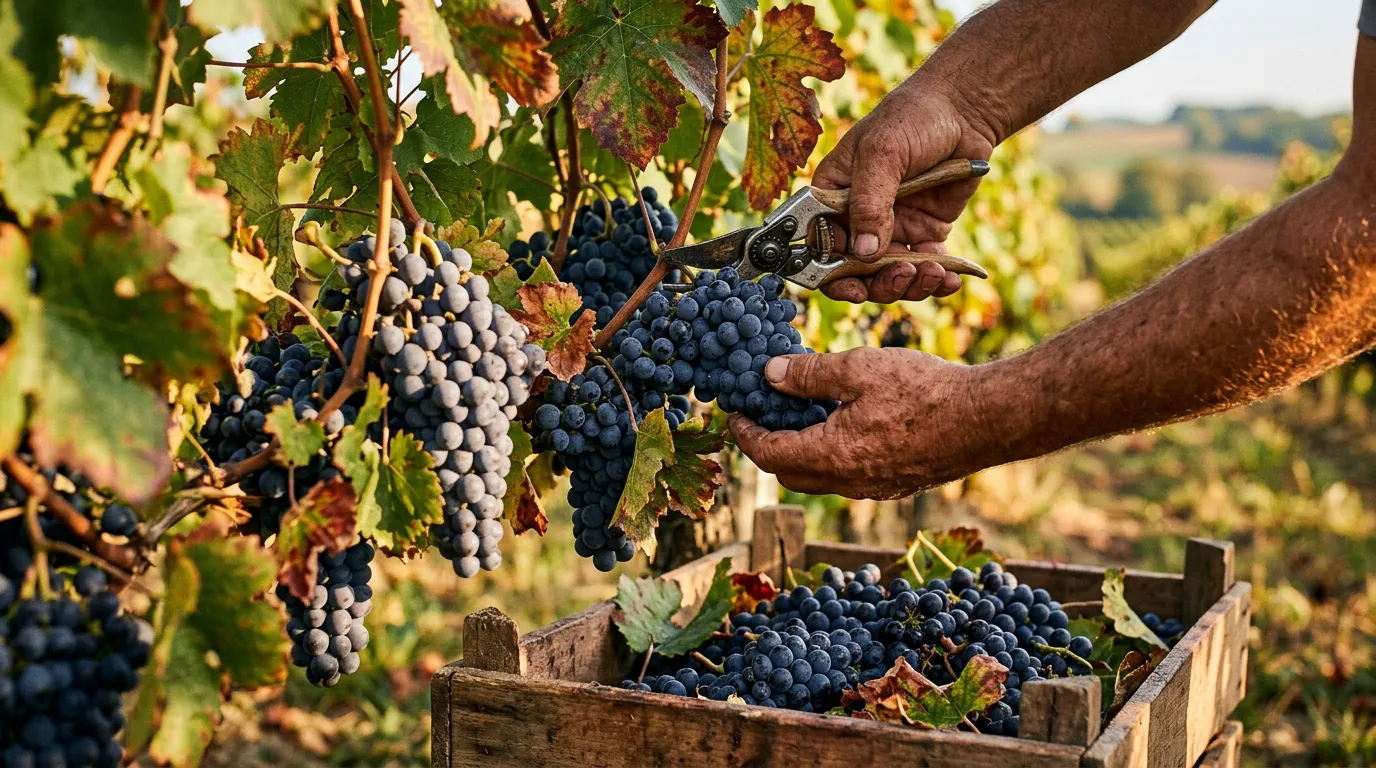 Ripe Merlot grapes being hand-picked into a crate during the September harvest in a Bordeaux vineyard