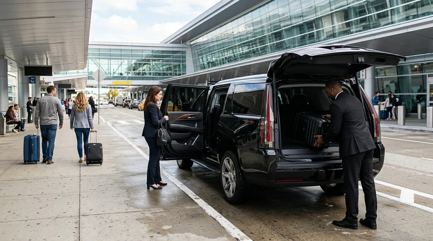 A private driver loading luggage into a black SUV at an airport arrivals curb