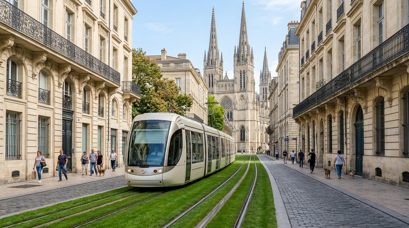 A modern tram on a grassy track gliding through the historic limestone streets of central Bordeaux