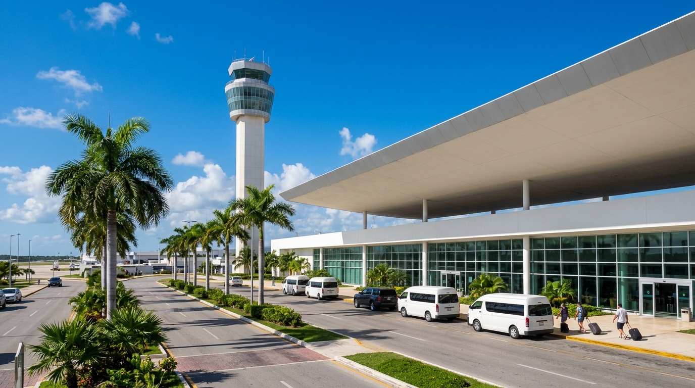 Cancún International Airport terminal with its tall white control tower behind a palm-lined arrivals curb