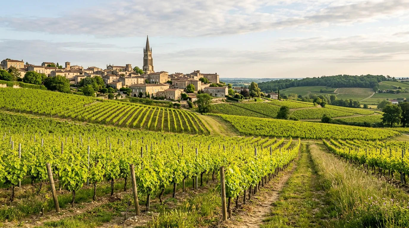 Green vineyards rolling around the medieval village of Saint-Émilion, near Bordeaux, in late spring