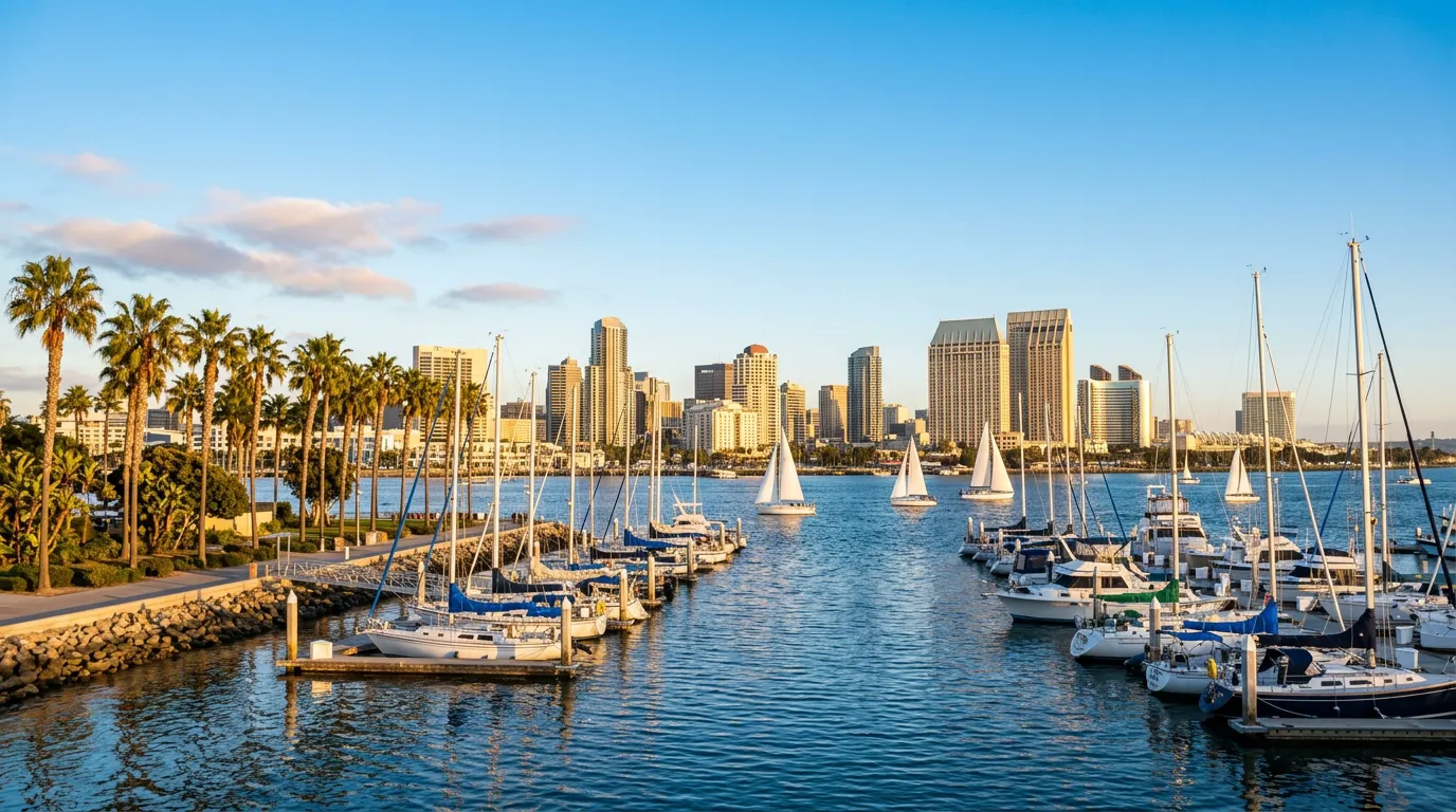 San Diego downtown skyline across the bay with sailboats and palm trees in warm afternoon light