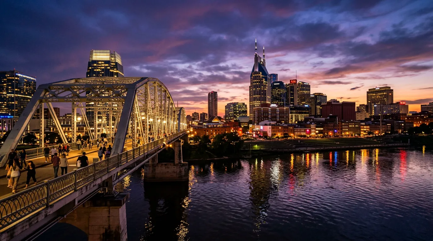 Nashville downtown skyline at dusk reflected in the Cumberland River